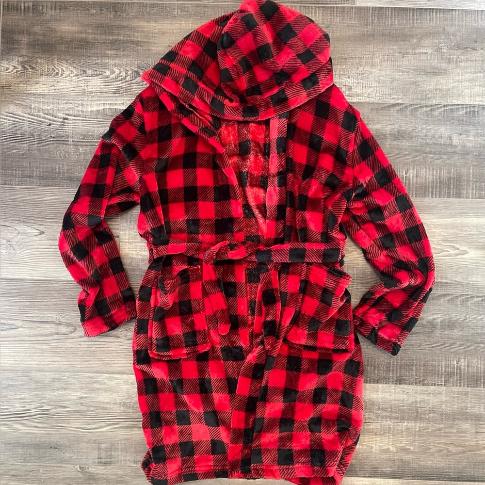 Boys Red and Black Plaid Hooded Robe